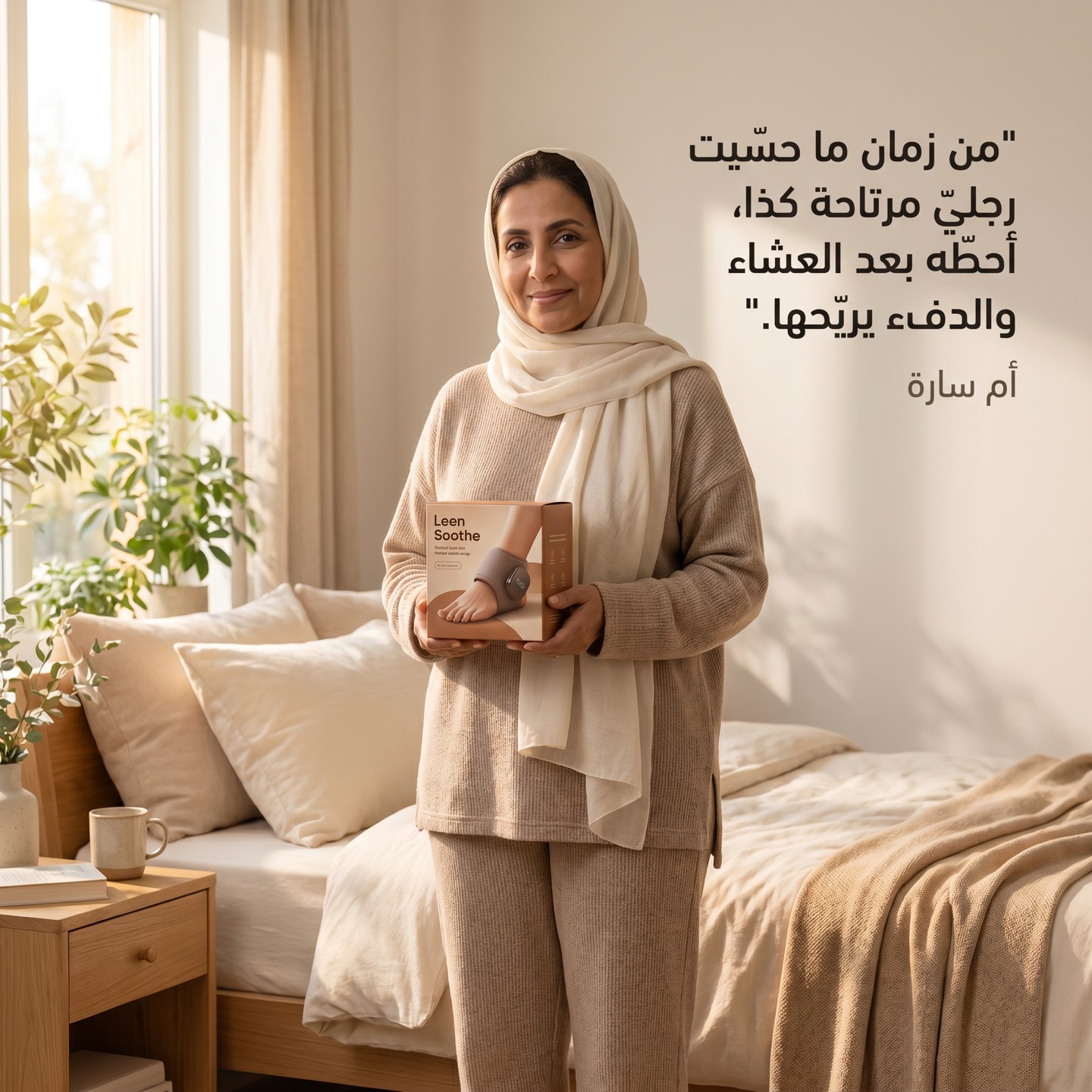 عميلة في بيتها تحمل جهاز ليّن سوذ، مع شهادتها عن راحة قدميها بعد العشاء